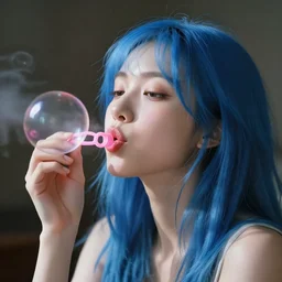 girl with blue hair blowing a pink bubble. graphic design