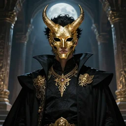 portrait of male as lucifer, black clothes, gold mask, in the temple of hell, moon light, sci - fi and fantasy, intricate and very very beautiful and elegant, highly detailed, digital painting, artstation, concept art, smooth and sharp focus, illustration, art by tian zi and wlop and alphonse mucha