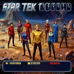 star trek game showing a group of characters in red, blue, gold star trek uniforms on an alien planet, from a space themed point and click 2 d graphic adventure game, detailed, set design inspired slightly by hg giger and tomb raider, art inspired by thomas kinkade