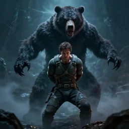 A photorealistic picture of a man in a straitjacket with his arms bound behind him  possessed by a dark ghostly bear demon and lunging forward epic, professional digital art, best on artstation, cgsociety, wlop, Behance, pixiv, astonishing, impressive, cosmic, outstanding epic, stunning, gorgeous, much detail, much wow, masterpiece.