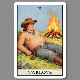 an ethereal tarot card painting of a shirtless cowboy with a chubby build and belly | recumbent | background is a serene campfire | tin cans and jugs of whisky | tarot card, art deco, art nouveau | by Mark Maggiori and ((Alphonse Mucha)) | trending on artstation