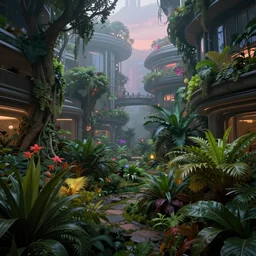 futuristic dystopian atrium, lush plants and trees, fog light dusk, by ivan aivazovsky, coherent, hyper realism, high detail, vivid colors, octane render, unreal engine, 8 k, smooth gradients, high contrast, depth of field by jacek yerka