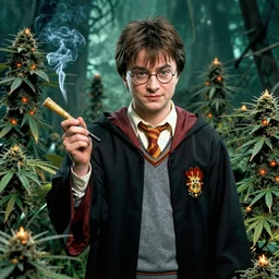 harry potter holding a long joint, harry potter smoking weed and being high as fuck, surrounded by weed plants, jungle of weed plants, red fire eyes, realistic