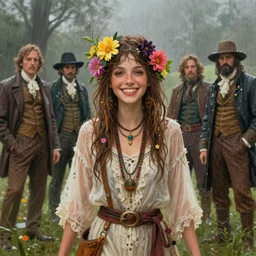 a beautiful digital illustration painting of a happy hippy girl with flowers in the rain by benoit b. mandelbrot, steven belledin, martin johnson heade, lee madgwick, caspar david friedrich, and david rios ferreira. 8 k resolution trending on artstation concept art digital illustration