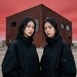 cinestill 5 0 d closeup photographic portrait of 2 clones in front of a brutalist metal building, 2 techwear women, on a desolate plain, red sky, black oversized clothes, depth of field, 4 k, 8 k, hd, full color