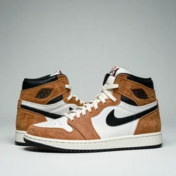 a studio photoshoot of Air Jordan 1 sneakers designed by Zaha Hadid, leather and suede, realistic, color film photography by Tlyer Mitchell, 35 mm, graflex