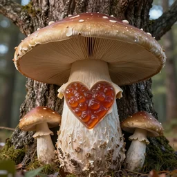 Tree with the texture of a mushroom with an etched heart etched heart with texture of gummy bear mushroom skin texture gummy bear texture heart high definition HD 3d realistic dreamy visual poem of Oak Tree with texture of a mushroom in the art style of Victor Nizovtsev and Peter Paul Rubens