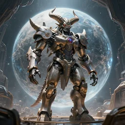 Techno-God is an ancient mechanical giant horned God standing in the inside of an infinitely huge technologically sphere with reverse gravity, fantastic art, high detail, 8k, ultra realistic, hyperrealism