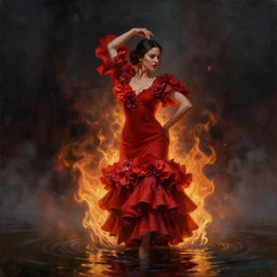 detailed oil painting of kate beckinsale as spanish flamenco dancer wearing a red dress made of flowers, engulfed in flames, she's standing waist deep in water, dimly lit, looking away, dark shadows, ethereal, foggy, moody, surreal, high definition, 4 k, slr