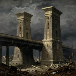 new york city being rebuilt as mesopotamian architecture. dark, bridge with column pillars, atmospheric, stormy weather, gustave dore, italy 1 8 1 6