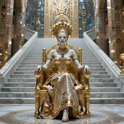 a breathtakingly gorgeous albino Senegalese queen seated on her golden throne in the royal hall in the year 8794, afrofuturism, a massive grand staircase of marble behind her, on the crystal walls are ancient and revered hieroglyphics, cgi, sfx, unreal 5, DAZ, hyperrealistic, octane render, RPG portrait, ambient light, dynamic lighting, rule of thirds