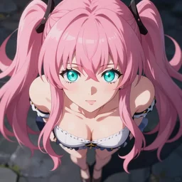 stunningly beautiful omnipotent megalomaniacal anime goddess who looks like junko enoshima with symmetrical perfect face and porcelain skin, pink twintail hair and mesmerizing cyan eyes, looking down upon the viewer and taking control, mid view from below her feet, hyperdetailed, unreal engine 5, 8 k