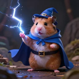A high quality, digital artwork of a hamster, dressed in a blue wizard’s cloak, summoning a lightning cat!