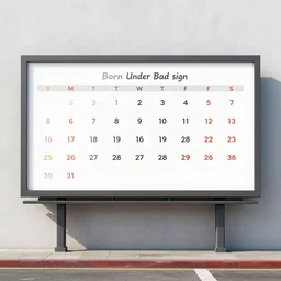 soft calendars, soft billboards - born under a bad sign, good luck and trouble are my only friends, colors orange, white!!, dark green, dark blue, surreal abstract painting by salvador dali