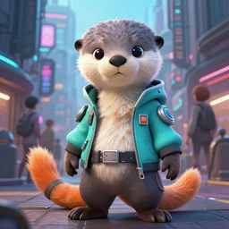 a cute male gray turquoise white orange otter fursona wearing futuristic clothes in the streets of cyberpunk city, fantasy, 8 k resolution, hyper detailed, d & d, character design, digital painting, trending on artstation, sharp focus, illustration, art by artgerm, steve zheng, fuji choko, viktoria gavrilenko, hoang lap