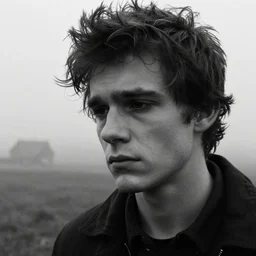 award winning photo of some despair as antonioni would depict it, he resembles brendan yates from the band turnstile, he borrows your dreams, photo, black and white, the background is a distant memory, insanely detailed, close up, foggy like in norwegian black metal aesthetic