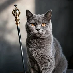 a handsome grey shorthair cat with a scepter, photorealistic