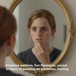“ a realistic painting of emma watson portrait viewed through a fun house mirror, unreal engine, trending on artstation, melting ”