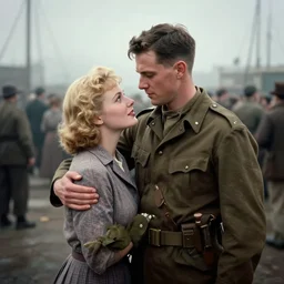 a painting of jeremy mann, mid shot of a young soldier reunited with a blonde - haired woman, dock port with crowds of people in the background, 1 9 4 0 s fashion, dramatic vignette, dramatic lighting, dreamy, misty, desaturated