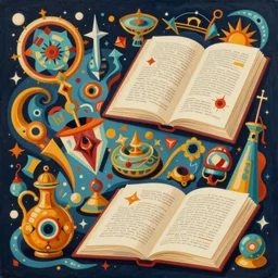 dnd artifacts and spell book and trinkets illustrated in superflat style, intricate flat acrylic painting, monumental dynamic illustration, illusion surreal art, intricate detailed illustration, sci - fi poster art