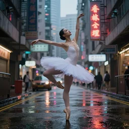 a dynamic photograph of a ballet dancer in a wet, dystopic Hong Kong bladerunner street. Realism.