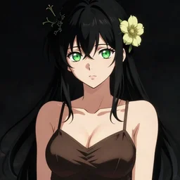 sexy girl with green eyes, flower in her hair, wearing a camisole, black and brown colors, in the style of greg rutkowski, high quality anime artstyle, intricate