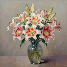 a vase with stunning multi color lilies, oil painting