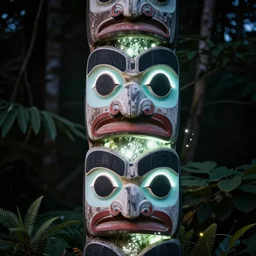 close - up view of an indigenous totem pole glowing with magical fairy dust surrounded by dark foliage. whimsical fantasy art. highly detailed digital art. high contrast. dark background. trending on artstation