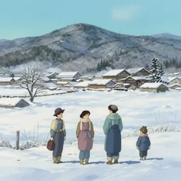 japanese countryside, winter, in the style of studio ghibli, j. c. leyendecker, greg rutkowski, artem