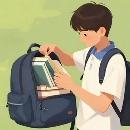 a boy stealing several books and putting them in his backpack, digital painting