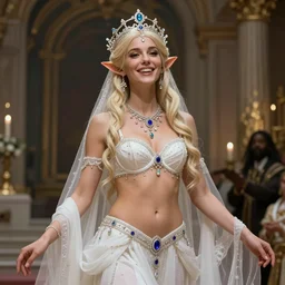 Worksafe. Fully clothed. Heavenly gentle saint high elven sorceress fairy princess goddess queen,wearing white luxury bridal bra and jewelry,expressing joy,at hall. By Frank Frazetta and Boris Vallejo.