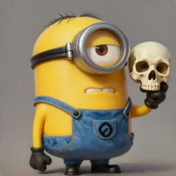 an epic painting minion, with skull in hand, looking angry, oil on canvas, perfect composition, golden ratio, beautiful detailed, photorealistic, digital painting, concept art, smooth, sharp focus, illustration, artstation trending, octane render, unreal engine
