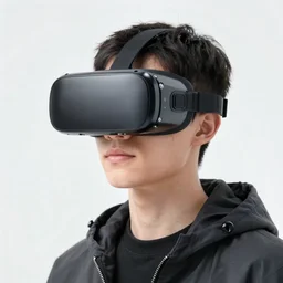 a stylish young man wearing a huge futuristic cyberpunk virtual reality headset covers the face, in the style of giorgetto giugiaro, orange glowing edges, insanely integrate, 8 k, productphoto, full shot, studiolight