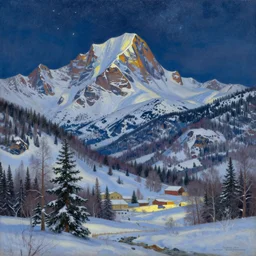 mountains, trees, beautiful nature, winter, night, stars, snow, very detailed, focused, oil painting, colorful, canvas, artstation, Sydney Mortimer Laurence, Albert Bierstadt, Theodor Kittelsen, Hans Dahl, Konstantin Yakovlevich Kryzhitsky, Hermann Hendrich
