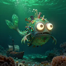 detailed effervescent underwater ocean scene, an ornate funny sea monster creature with large glowing eyes, floats next to a small shipwreck, by maurice sendak, shaun tan made in hyperrealistic 3 d, octane render, dark green colours, sharp focus, 8 k, nighttime