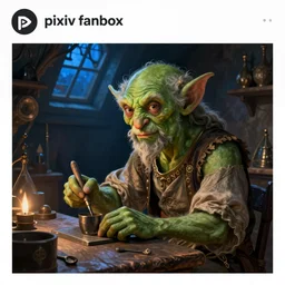 portrait of green - skinned goblin alchemist working in his fantasy medieval workshop, nighttime blue light coming from roof window, illustration concept trending pixiv fanbox by wlop and greg rutkowski and caravaggio and rosa bonheur, and william harnett, hyperrealism art