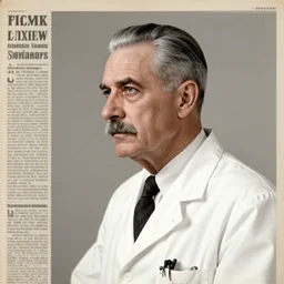 newspaper photo from 40s of a sidecut grey hair toupet mature stern looking slim medical doctor with a moustache