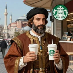 a portrait of kanuni Sultan suleyman waiting his starbucks order in 1500s istanbul, detailed photorealistic digital art, trending on artstaion