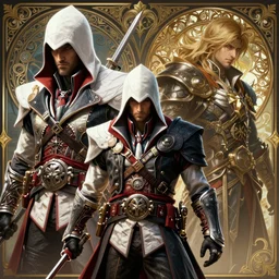 cinematic stills of devil may cry combined with assassin's creed, deep focus, d & d, fantasy, intricate, elegant, highly detailed, digital painting, artstation, concept art, matte, sharp focus, illustration, hearthstone, art by artgerm and greg rutkowski and alphonse mucha