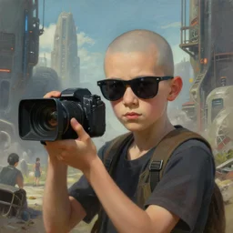 wide shot of a bald boy with sunglasses is holding a cinema camera in a martian city, scifi, detailed realistic face, photorealistic oil painting, digital art, by charlie bowater, by jeremy lipking, by makoto shinkai, octane render, anime