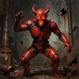 character portrait of a humanoid demonic monster with glowing fire eyes and a glowing mouth doing a henshin pose, matte painting, dramatic lighting, 8 k, rubber suit, digital painting, concept art, muted colors, red colors, moody colors, rusted walls, broken pipes, church cathedral, in the style of frank frazetta and john singer sargent
