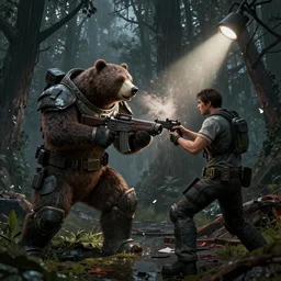 A zombie bear attacks a man in power armor with a minigun in his hands against the background of a radioactive forest, graphics, fallout 4 render, 3d computer render, maximum details, rain, night, spotlight,