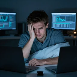 a software engineer coping and seething as he's woken up for the 5 th time in a night due to on - call issues.