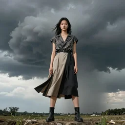 fashion editorial in front of a tornado cloud.