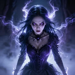 photorealistic full shot portrait of angry darkness anime girl, electric aura, beautifull eyes!!!!!!!!! inspired by tim burton, detailed, unreal engine 4 k, volumetric light, fog