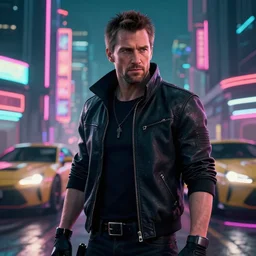 gordon freeman in cyberpunk 2 0 7 7, medium shot, background is filled with neon lights and futuristic vehicles, trending on artstation, ultra realistic, 4 k
