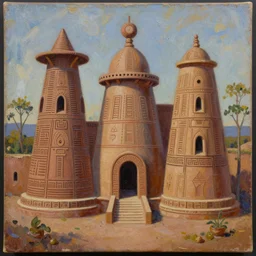 detailed photo of an album cover, oil painting. tribal architecture oil painting album cover