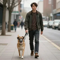 retrato de un hombre paseando a un perro