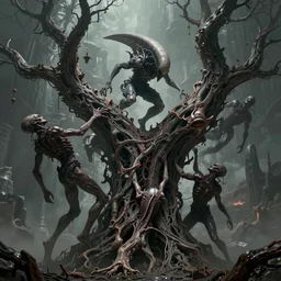 hyperion cantos, the shrike, a cruel sadistic creature, impales its victims upon the tree of pain, an immense structure made of a similar material as the entity, hyperrealist, breathtaking, groundbreaking, cinematic, dramatic, conceptual art, fan art, dark fantasy, intricate digital art, zoomorphic, alien, 8 k, trending on artstation