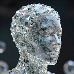 human head enveloped in a glass crystal simulation, glinting facets, intricate, 3d render, cinematic, hyper realism, 8k, depth of field, bokeh, iridescent accents, artwork by Tooth Wu and wlop and beeple and dan mumford and greg rutkowski